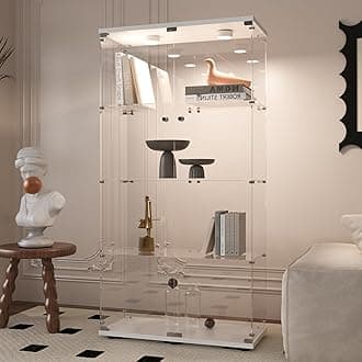 Beauty4U Glass Display Cabinet with LED Light, 4 Shelves with 2 Doors, Curio Cabinets for Living Room, Bedroom, Office, White Floor Standing Glass Bookshelf, Quick Installation