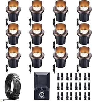 Ground Well Lights Kit, 12 Pack Landscape LED Low Voltage Inground Lights and 200W Transformer and 250FT Cable and 40 Wire Connectors, Outdoor Waterproof IP67 Aluminum for Backyard Wall