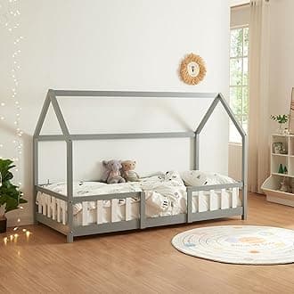 [en.casa] Children's bed Sisimiut House bed 90 x 200 cm with fall-out protection Slatted frame Pine Light grey/White