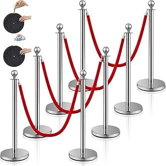 Ferraycle Stainless Steel Stanchion Post Queue 5 ft Red Velvet Rope Red Carpet Ropes and Poles Crowd Control Barriers Sand Injection Hollow Base and Velvet Ropes Set for Party Supplies (8 Pieces)