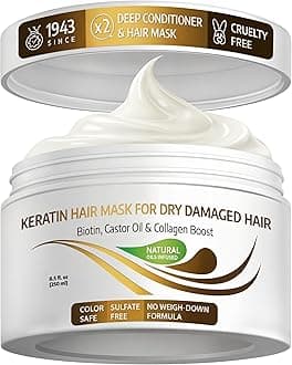 Keratin Hair Mask Deep Conditioner - Biotin Collagen Protein & Castor Oil Repair for Dry Damaged Hair - Conditioning Treatment for Curly or Straight Thin Fine Locks