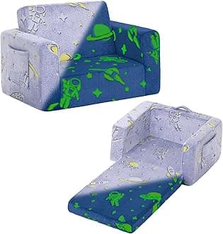 Tiita Kids Sofa, 2-in-1 Kids Sofa Chair, Convertible Chirldren Couch to Lounger, Flip Out Kids Sofa Chair, Toddler Armrest Chair Bed, Folding Kids Play Sofa for Girl or Boy(Blue Astronauts)