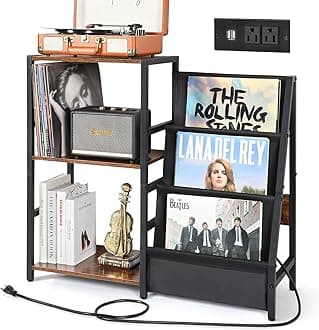 Bikoney Record Player Stand, Turntable Stand with 3-Tier Vinyl Record Storage, Record Player Table Up to 200 Albums, Vinyl Records Shelf with Power Outlet, Vinyl Record Holder Cabinet for Living Room