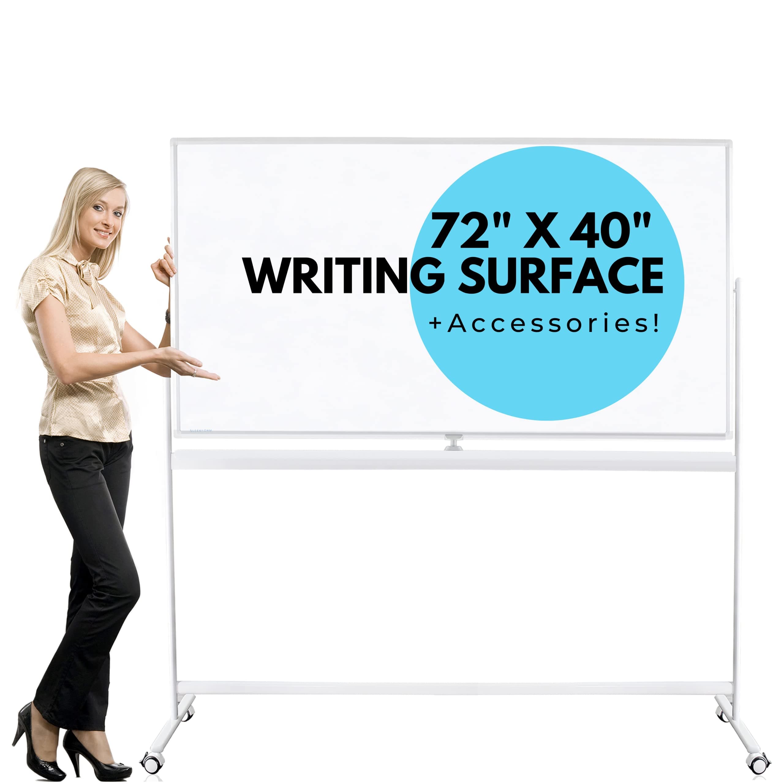 Sleekform Whiteboard Large Oversize 72" x 40" Rolling On A Stand, Mobile Double Sided Dry Erase Magnetic White Board