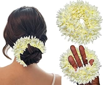 Scented Mogra Gajra Hair Accessories For Women - Hair Flower Bun Artificial Fake Gajra Scrunchies Rubber Band - Premium & Voluminous, White