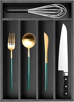 Ayiaren Cutlery Tray Narrow Wooden Silverware Organizer - Bamboo Drawer Insert - Black Wood Silverware Tray (12.7" x 9")