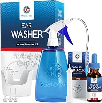 All-in-One Ear Wax Removal Kit with Large Capacity Bottle 300ml and Olive Oil Ear Drops 10ml - Safe Home Ear Cleaner - Reusable Ear Cleaning Kit with 2 Nozzles, 5 Tips & Ear Basin