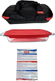 Pyrex Portables™ Black/Red Insulated Casserole Carrier for Hot or Cold Food, Holder for Picnic, Potluck, Cookout – Comes with (1) C-233 Glass Baking Dish with Red Lid and (1) Hot/Cold Pack