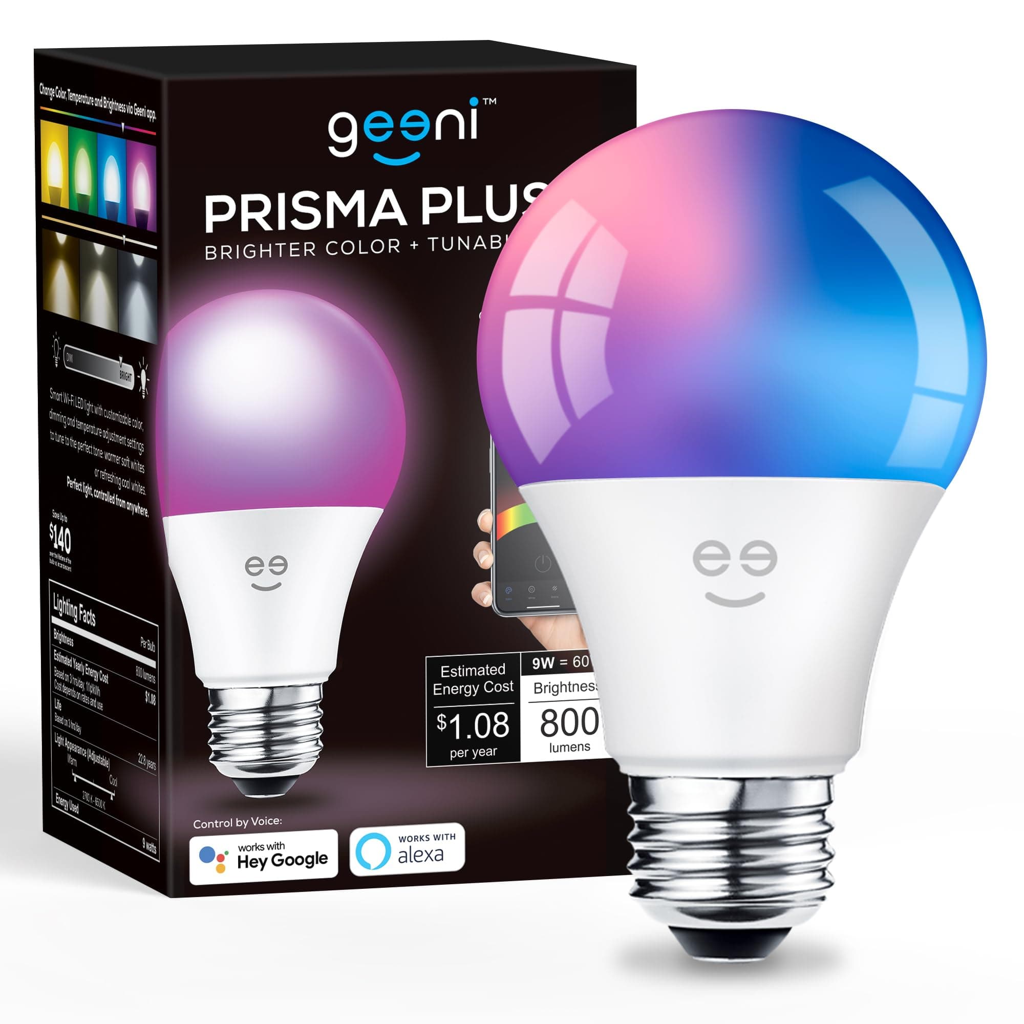 Prisma Plus 800 Dimmable Smart Light Bulbs with 2.4 GHz Wi-Fi Connectivity – Color-Changing & Tunable White, A19 LED Smart Bulb – Works with Alexa & Google, 1-Pack