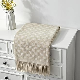 CREVENT 50"X60" Farmhouse Lightweight Breathable Soft and Warm Checkered Plaid Throw Blanket for Sofa Couch Bed, Faux Cashmere Home Decoration Throw with Tassles (Beige)