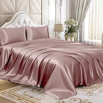Homiest 4pcs Satin Sheets Set Luxury Silky Satin Bedding Set with Deep Pocket, 1 Fitted Sheet + 1 Flat Sheet + 2 Pillowcases (King Size, Rose Gold)