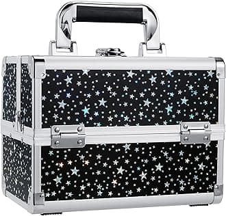 Joligrace Makeup Train Case Portable Cosmetic Box 2 Trays with Mirror Lockable for Makeup Nail Tech and Beauticians Traveling Makeup Storage Organizer - Black Star