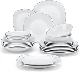 MALACASA Dinner Sets for 6 People, 24-Piece White Porcelain Plates and Bowls Set with Silver Rim Dinnerware Set with 6-Piece Dinner Plate/Soup Plate/Side Plate/Cereal Bowl, Series Elisa
