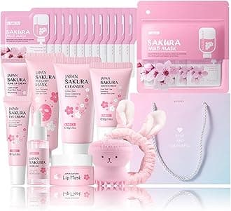 Skin Care Set Sakura Women Beauty Gift Sets Korean Skin Care Kit- Cleanser,Serum,Face Cream,Toner,Eye Cream,Mud Mask-Skin Care Routine Kit (One Size, Cherry Blossom-StyleB-Luxury Moisturizing)