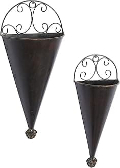 Deco 79 Metal Scroll Indoor Outdoor Wall Planter Indoor Outdoor Cone Hanging Planter, Set of 2 Plant Hanger 18", 15"H, Black