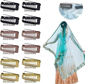 12 Pcs Chunni Clips with Safty Pins，Dupatta Hair Clip Easy to Use with Dupatta, Hijab & Tikka Setting,Multifunction10-Teeth Snap Clips for hair extension (multiple colour)
