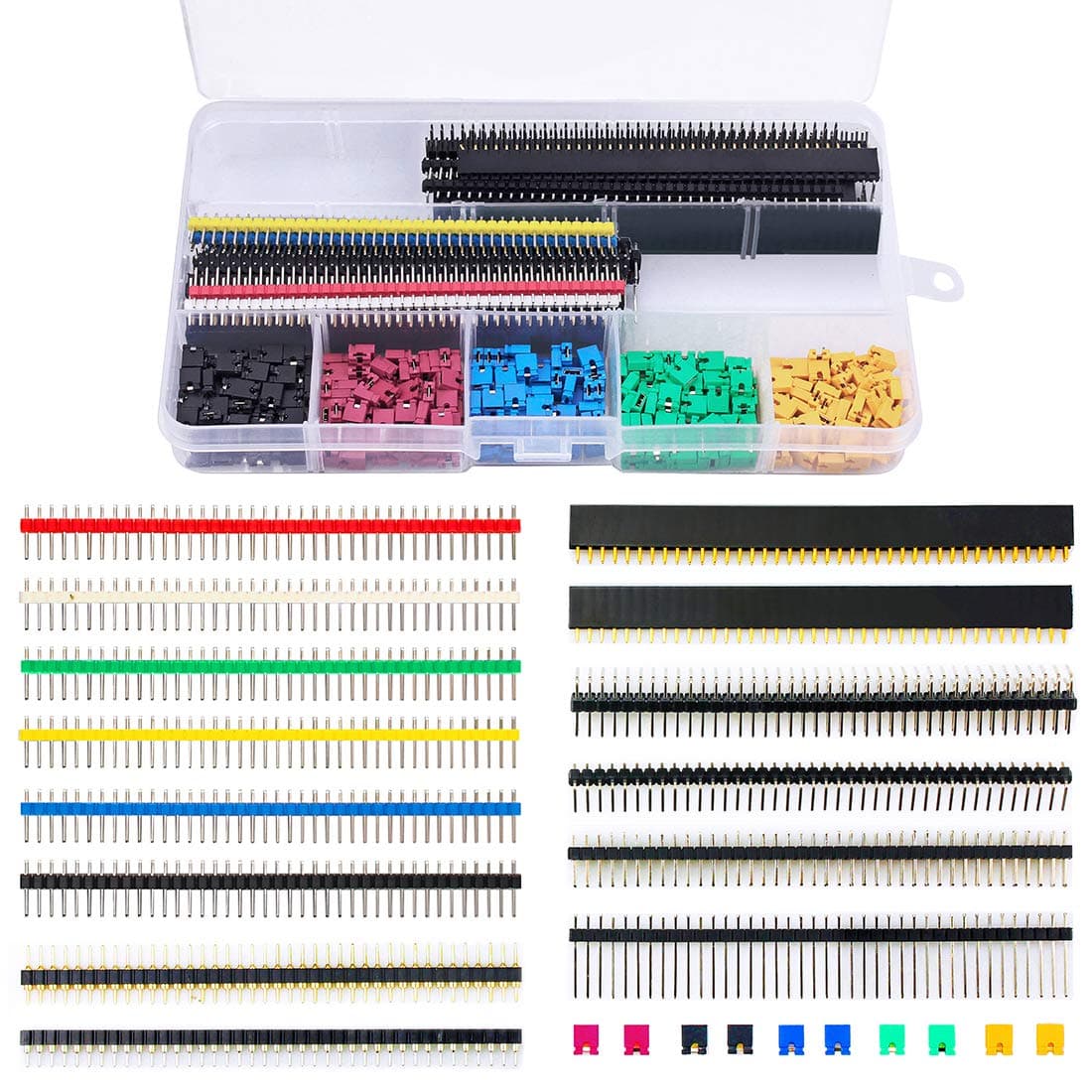 Pin Headers Socket Connectors and Jumper Caps Assortment Kit, 300pcs 2.54mm Computer Jumper Caps + 35pcs PCB Board 40Pin Straight/Right Angle/Round Single/Double Row Male Female Pin Headers