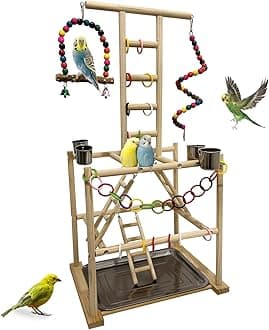 Bird Play Stand, Large Parakeet Playground, Natural Wood Parrot Perch Stand, Birds Play Gym Cockatoos Cage Accessories with Feeder Cups Swings for Cockatiel Budgie Conure