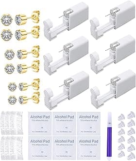 VitaCool Ear Piercing Kit Disposable Ear Cartilage Piercing Gun Kit with Sterile CZ Studs Easy and Safe Earring Self for Yourself Use at Home(Gold Round CZ Pattern 432mm)