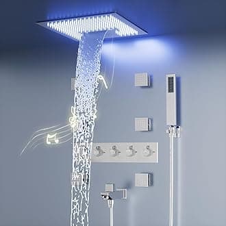 Rain Shower Jets System In Wall with 6 Body Jets, Doozoler Smart Thermostatic Shower System, 16 Inch Luxury Ceiling Mount Rainfall Waterfall Shower System with Tub Spout, LED Light Music, Chrome