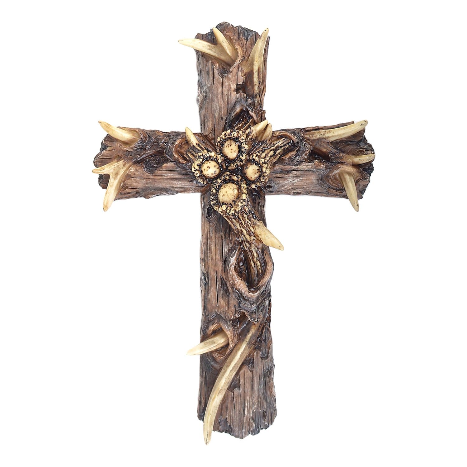 13.5" Western Style Wall Cross Dead Tree Bark Dear Antler Bone