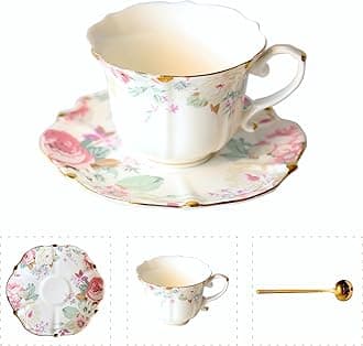 Vintage Floral Porcelain Tea Cup and Saucer Set with Spoon, Gold Trim, 6.4 oz – Set of 1, Pink (1, Pink)