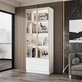 Curio Display Cabinet with Light, Storage Shelves with Pop-up Glass Doors, 2 Drawers & 3 Color Light, Collectibles Cabinet Display Shelf, Bookshelf Showcase for Living Room, White w/Drawer
