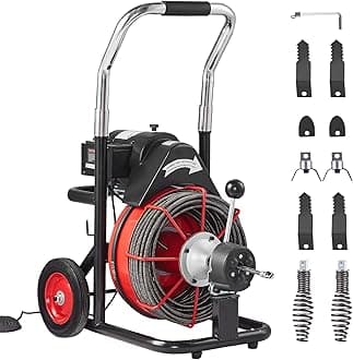 VEVOR 100FT x 3/8 inch Drain Cleaner Machine, Auto Feed Sewer Snake Auger for 2" to 4" Pipes, Movable & Portable Plumping Cleaning Tool with 8 Interchangable Cutters & Air-activated Foot Switch