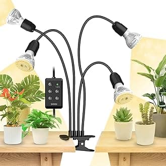 SANSI 600W LED Grow Lights, 4-Head Full Spectrum LED Plant Lamp with Clip, 4000K Sunlike, Timer 4/8/12 Hrs for Indoor Seedlings Germination (Lifetime Free Bulb Replacements) - Black
