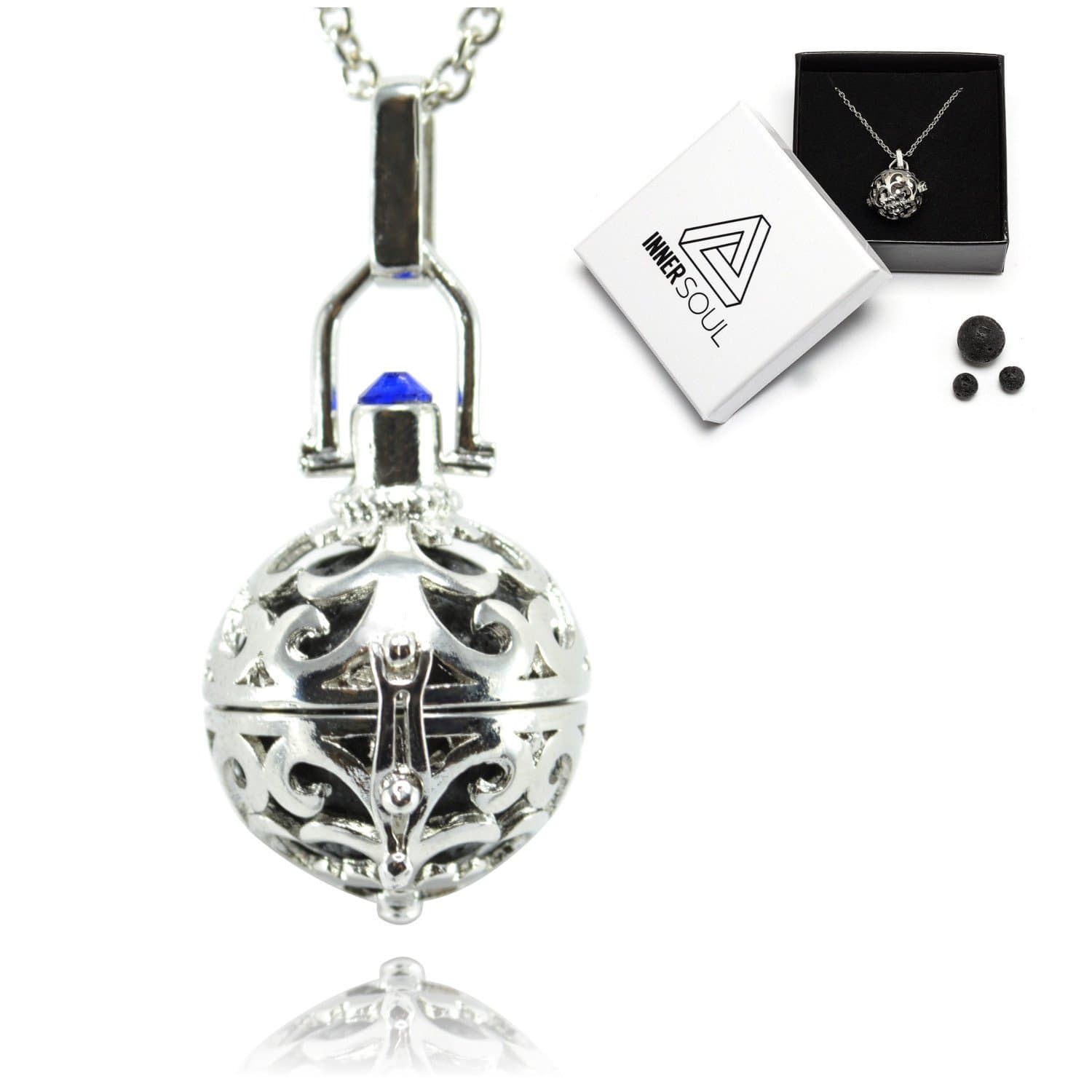 Elegant Lava Stone Aromatherapy Gem Essential Oil Diffuser Orb Necklace w/ Sapphire Jewel + Bead Set (25-inch chain)