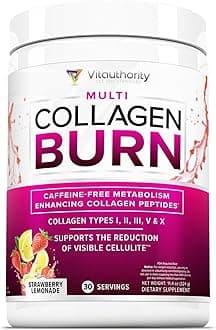 Multi Collagen Burn: Hydrolyzed Protein Peptides with Hyaluronic Acid, Vitamin C, SOD B Dimpless, Types I, II, III, V and X, Caffeine-Free Strawberry Lemonade Flavored 30 Servings