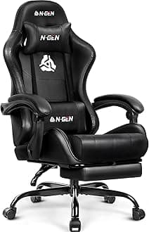N-GEN GAMING Video Gaming Chair with Footrest Lumbar Support for Home Office High Back Recliner Height Adjustable Ergonomic Comfy Leather Computer Desk Chair (Black)