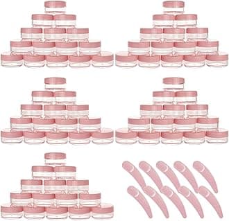 Refillable Cosmetic Sample Jars - 100 Pack 10g (0.35oz) Pink Small Travel Containers with Lids + 10 Mini Makeup Spatulas - BPA Free