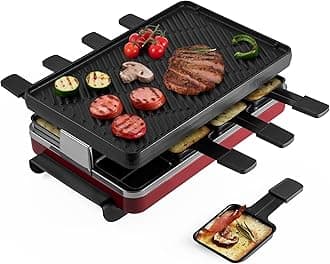 Swissmar Classic 8-Person Raclette Party Grill with Reversible Cast Iron Grill Plate/Crepe Top, Indoor Electric Raclette Grill & Griller - Red