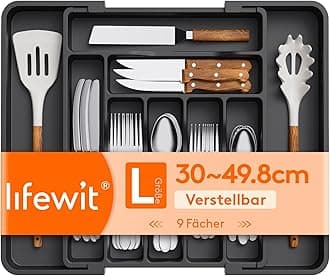 Lifewit Silverware Drawer Organizer, Expandable Utensil Organizer for Kitchen Drawers, Adjustable Cutlery and Flatware Tray, Plastic Spoons Forks Knives Holder Storage Dividers, Medium, Black