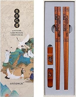 Reusable Wooden Chopsticks Set 2 Pairs - Hand-Carved Dragon Design Food-Safe Non-Toxic Japanese Korean Chopsticks with Non-Slip Grip Gift for Men Ideal for Asian Cuisines (9 Inch)