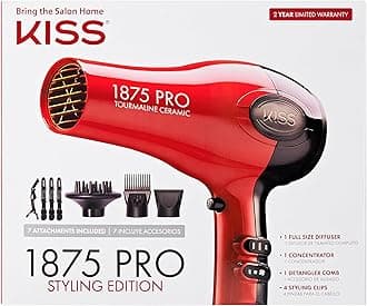 1875 Watt Pro Tourmaline Ceramic Hair Dryer, 3 Heat Settings, 2 Speed Slide Switch, Cool Shot Button, 2 Detangler Combs, 1 Concentrator, 1 Diffuser, Removable Filter Cap & 4 Sectioning Clips