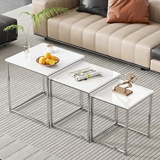 Set of 3 Nesting Coffee Tables White for Living Room, High Gloss Nest of 3 Nested Tables Sofa Side Table Coffee Table End Tables Space Saving