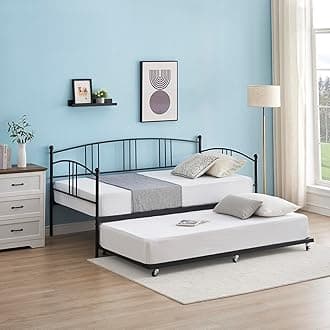 Garvee Twin Metal Daybed with Trundle, Pullout Trundle Bed Frame with Arched Headboard, Guest Sofa Bed with Steel Slat Support, No Box Spring Required, Easy Assembly, Black