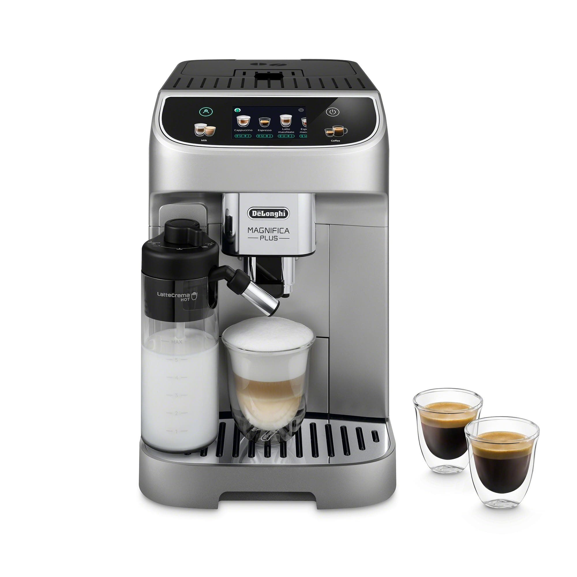 Magnifica Plus Fully Automatic Espresso Machine - Brew 18+ One Touch Coffee Recipes for up to 4 User Profiles, Automatic Milk Steam Wand & Built-in Grinder, Touchscreen Display
