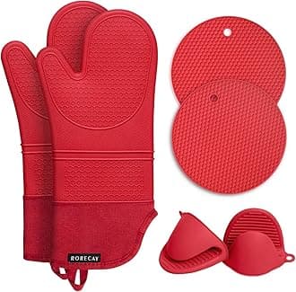 Rorecay 6pcs Oven Mitts and Pot Holders Sets for Kitchen, Extra Long Silicone Oven Gloves Heat Resistant 500 Degrees Non-Slip Potholders Hot Pads for Baking Cooking, Quilted Liner, Red