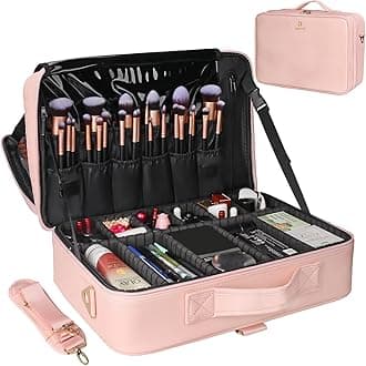 Relavel Professional Large Makeup Case Cosmetic Train Case Makeup Bag Organizer Professional Waterproof Travel Cosmetic Case Box with Removable Dividers Shoulder Strap (B Pink)