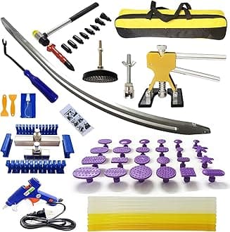 CYGOODS 1set Car Dent Removal Kit, Auto Fender Damage Repair Big Curved Rod Crowbar Puller Lifter Rods Tools with Glue Tabs, Glue Sticks, Leveling Tools and More for Car Body Dent Repair