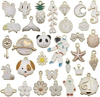 1 Set 31pcs DIY Mixed Assorted Gold Plated Enamel Charm Unicorn Flower Dress Fish Shell Moon Star Animals Pendant DIY for Necklace Bracelet Jewelry Making and Crafting Charms