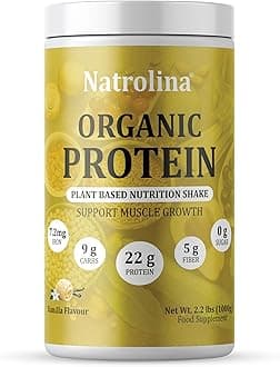 Natrolina Plant Based Organic Protein Powder - Vanilla Flavor 1Kg 2.2 lbs, 25 Servings | 22g Protein Per Serving, Vegan Pea & Brown Rice Blend | For Muscle Support & Balanced Nutrition | Sugar-Free