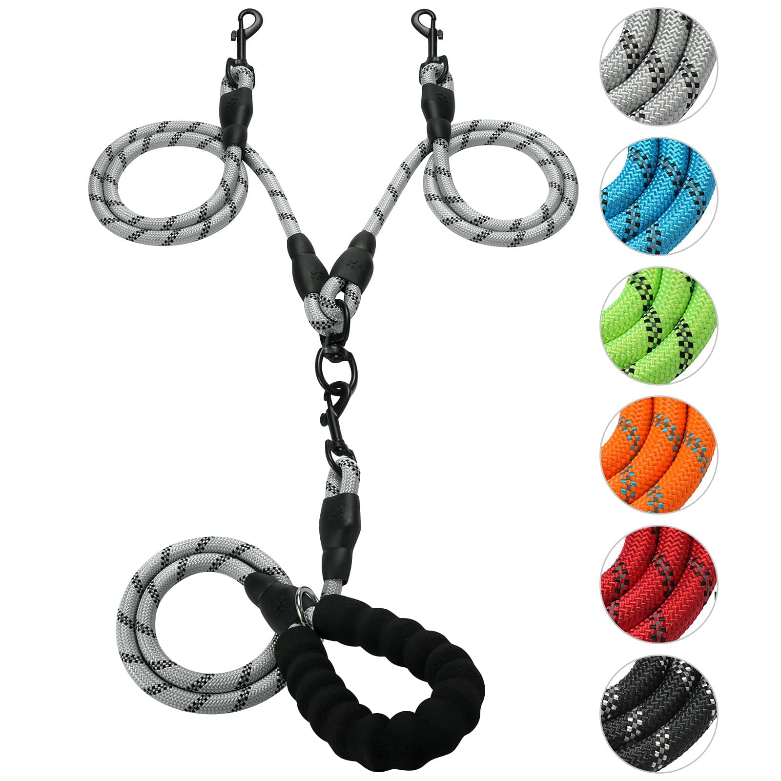 Double Dog Leash Reflective Detachable Coupler and Tangle Free, Support Multiple Rope Leash Control with Padded Handle for Large and Medium Dogs Walking (Silver)