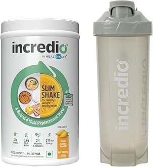 Incredio by Healthkart Slim Shake for Weight Management (Mango, 480g) & Shaker (Grey, 600ml) Combo Pack | Meal Replacement Shake with 22g Triple Blend Protein