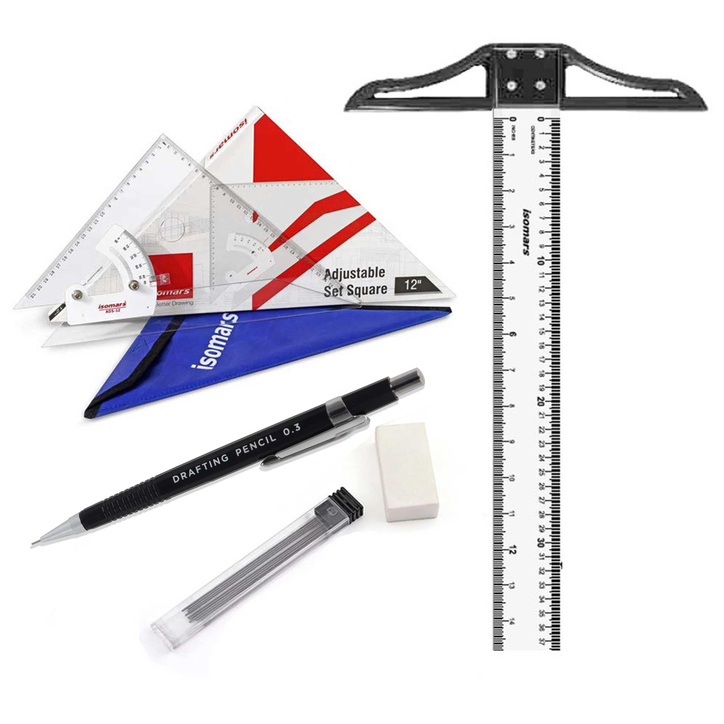 Isomars Adjustable Set Square 12", T-Square 24" & Draftex Pencil 0.5mm with 10 Leads & Eraser