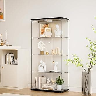 Glass Display Cabinet 4-Shelf 2 Doors with LED Push Light Lockable Glass Display Case with 4mm Tempered Glass Floor-Standing Bookshelf for Bedroom, Living Room, Black