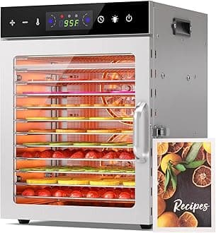HOPERAN Food Dehydrator Machine with 12 Stainless Steel Trays – Digital Timer & Adjustable Temp Control for Jerky, Herbs, Fruits | Overheat Protection, BPA-Free, Includes Recipe Book